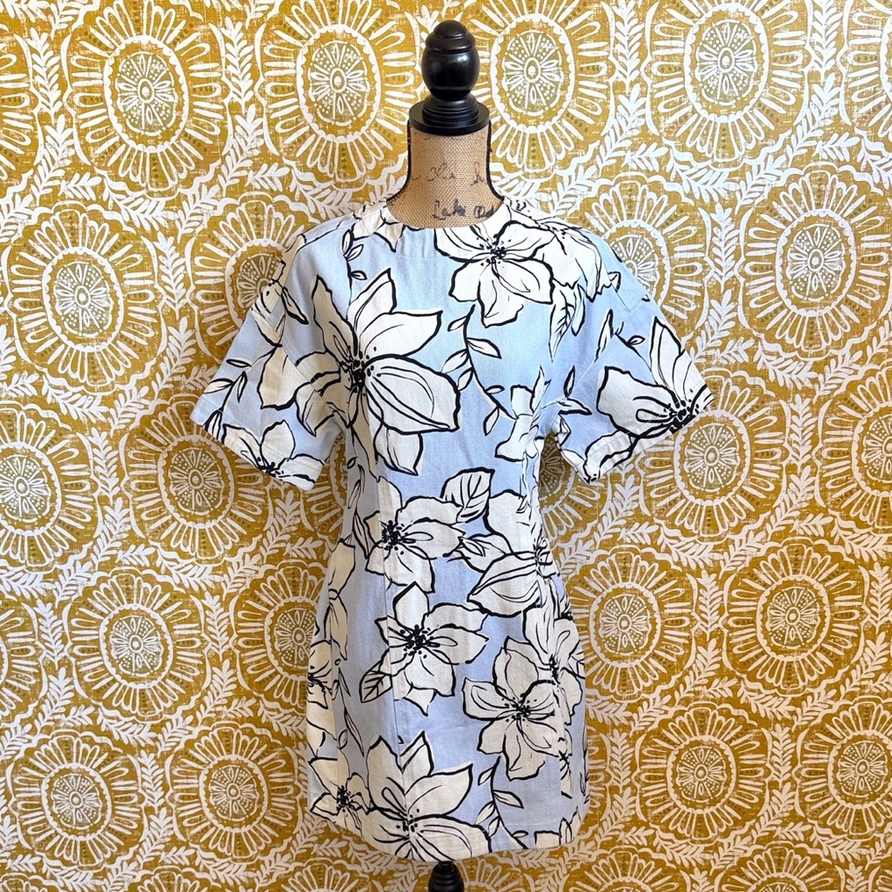 Anthropologie Blue and Cream Floral Mini Dress